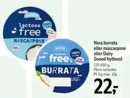Føtex Nora burrata eller mascarpone eller Dairy Goood hytteost tilbud