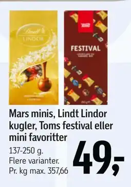 Føtex Mars minis, Lindt Lindor kugler, Toms festival eller mini favoritter tilbud