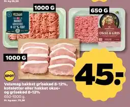 Netto Velsmag hakket grisekød 8-12%, koteletter eller hakket okse- og grisekød 8-12% tilbud