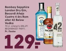 SPAR Bombay Sapphire London Dry Gin, Bacardi Añejo Cuatro 4 års Rom eller 42 Below Vodka tilbud