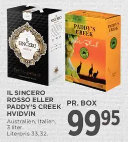 MENY Il Sincero Rosso eller Paddy's Creek Hvidvin (box) tilbud