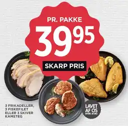 MENY 3 frikadeller, 3 fiskefileter eller 3 skiver kamsteg tilbud
