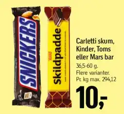 Føtex Carletti skum, Kinder, Toms eller Mars bar tilbud