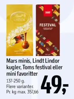 Føtex Mars minis, Lindt Lindor kugler, Toms festival eller mini favoritter tilbud
