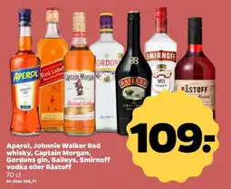 Netto Aperol, Johnnie Walker Red whisky, Captain Morgan, Gordons gin, Baileys, Smirnoff vodka eller Råstoff tilbud