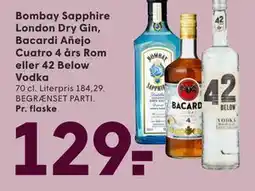 SPAR Bombay Sapphire London Dry Gin, Bacardi Añejo Cuatro 4 års Rom eller 42 Below Vodka tilbud