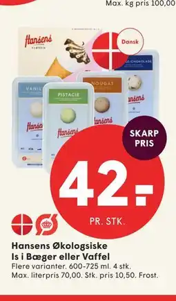 SPAR Hansens Økologsiske Is i Bæger eller Vaffel tilbud