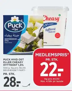 MENY PUCK HVID OST ELLER CHEASY HYTTEOST 1,5% tilbud
