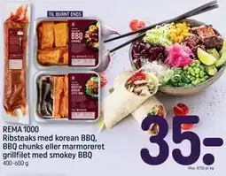 REMA 1000 REMA 1000 Ribsteaks med korean BBQ, BBQ chunks eller marmoreret grillfilet med smokey BBQ tilbud