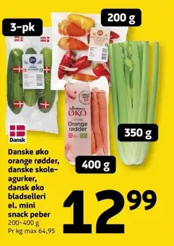 Løvbjerg Danske øko orange rødder, danske skole- agurker, dansk øko bladselleri el. mini snack peber tilbud