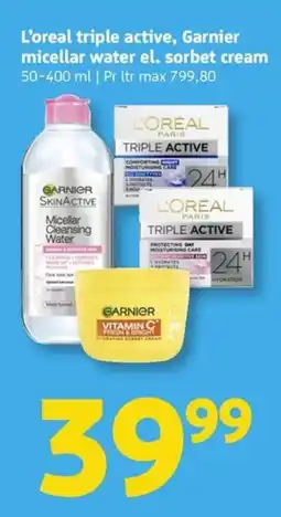 Løvbjerg L'oreal triple active, Garnier micellar water el. sorbet cream tilbud