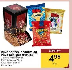 Dagrofa S-Engros KiMs saltede peanuts og KiMs mini poser chips tilbud