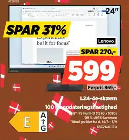 Power Lenovo L24-4e-skærm 100 Hz opdateringshastighed tilbud