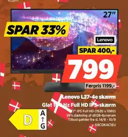 Power Lenovo L27-4e skærm Glat 100 Hz Full HD IPS-skærm tilbud