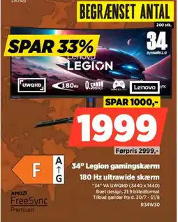 Power Lenovo 34" Legion gamingskærm 180 Hz ultrawide skærm tilbud