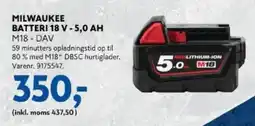 Davidsen Milwaukee batteri 18 v - 5,0 ah m18 - dav tilbud