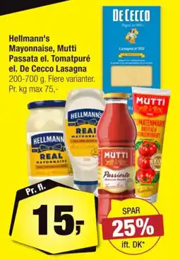 Calle Hellmann's Mayonnaise, Mutti Passata el. Tomatpuré el. De Cecco Lasagna tilbud