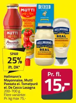 Fleggaard Hellmann's Mayonnaise, Mutti Passata el. Tomatpuré el. De Cecco Lasagna tilbud
