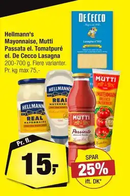 Calle Hellmann's Mayonnaise, Mutti Passata el. Tomatpuré el. De Cecco Lasagna tilbud