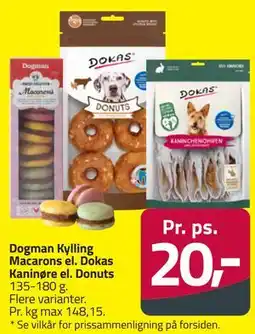 Fleggaard Dogman Kylling Macarons el. Dokas Kaninøre el. Donuts tilbud