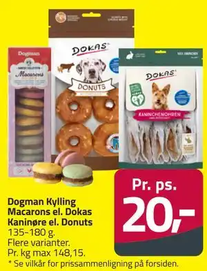 Fleggaard Dogman Kylling Macarons el. Dokas Kaninøre el. Donuts tilbud
