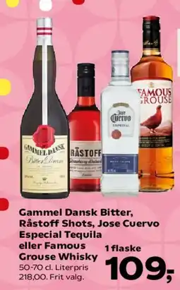 SuperBrugsen Gammel Dansk Bitter, Råstoff Shots, Jose Cuervo Especial Tequila eller Famous Grouse Whisky tilbud