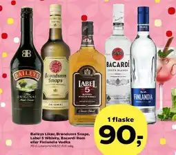 Kvickly Baileys Likør, Brøndums Snaps, Label 5 Whisky, Bacardi Rom eller Finlandia Vodka tilbud