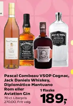 Kvickly Pascal Combeau VSOP Cognac, Jack Daniels Whiskey, Diplomatico Mantuano Rom eller Aviation Gin tilbud