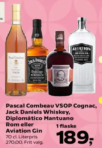 Pascal Combeau VSOP Cognac, Jack Daniels Whiskey, Diplomatico Mantuano Rom eller Aviation Gin