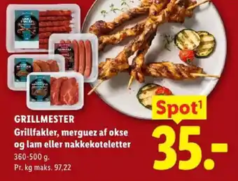 Lidl Grillmester Grillfakler, merguez af okse og lam eller nakkekoteletter tilbud