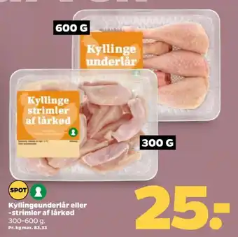 Kyllingeunderlår eller -strimler af lårkød
