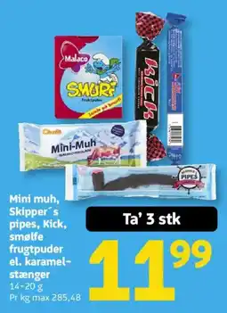 Løvbjerg Mini muh, Skipper's pipes, Kick, smølfe frugtpuder el. karamel-stænger tilbud