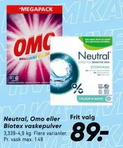 Bilka Neutral, Omo eller Biotex vaskepulver tilbud