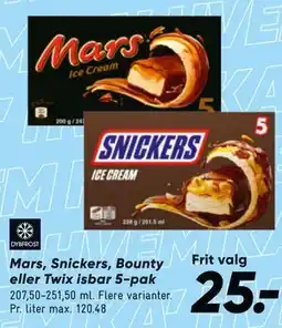 Bilka Mars, Snickers, Bounty eller Twix isbar 5-pak tilbud