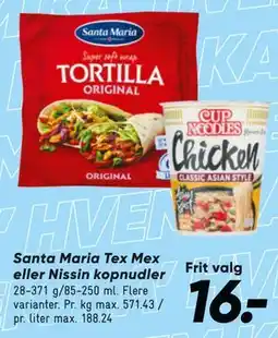 Bilka Santa Maria Tex Mex eller Nissin kopnudler tilbud