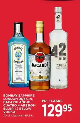 MENY BOMBAY SAPPHIRE LONDON DRY GIN, BACARDI AÑEJO CUATRO 4 ÅRS ROM ELLER 42 BELOW VODKA tilbud