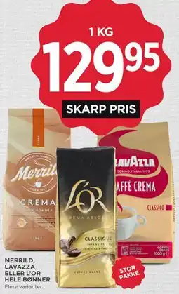 MENY MERRILD, LAVAZZA ELLER L’OR HELE BØNNER tilbud