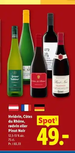 Lidl Hvidvin, Côtes du Rhône, rødvin eller Pinot Noir tilbud