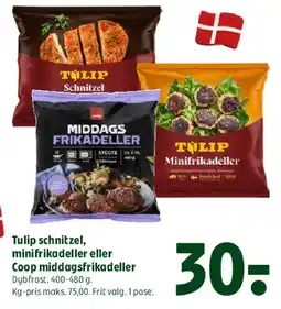 Coop 365 Tulip schnitzel, minifrikadeller eller Coop middagsfrikadeller tilbud
