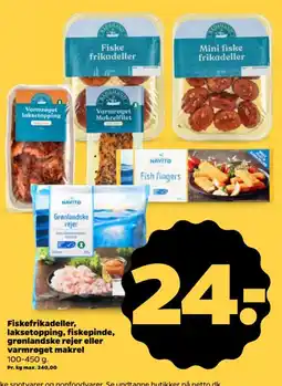 Netto Fiskefrikadeller laksetopping fiskepinde grønlandske rejer varmrøget makrel tilbud