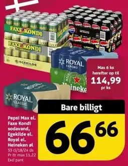 Løvbjerg Pepsi Max el. Faxe Kondi sodavand, Egekilde el. Royal el. Heineken øl tilbud