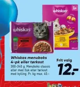 Bilka Whiskas menuboks 4-pk eller tørkost tilbud