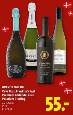 Lidl ARESTEL/ALLINI Cava Brut, Franklin's Fuel Premium Zinfandel eller Palatium Riesling tilbud