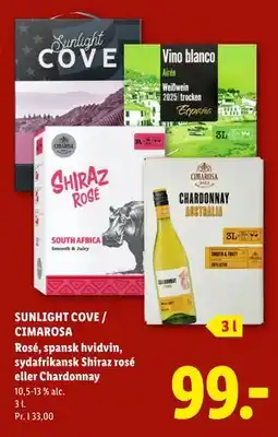 Lidl SUNLIGHT COVE / CIMAROSA Rosé, spansk hvidvin, sydafrikansk Shiraz rosé eller Chardonnay tilbud