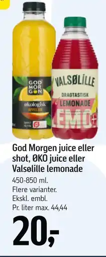 Føtex God Morgen juice eller shot, ØKO juice eller Valsølille lemonade tilbud
