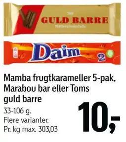 Føtex Mamba frugtkarameller 5-pak, Marabou bar eller Toms guld barre tilbud