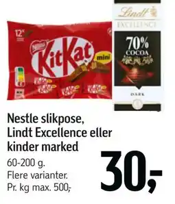 Føtex Nestle slikpose, Lindt Excellence eller kinder marked tilbud
