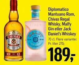 Føtex Diplomatico Mantuano Rom, Chivas Regal Whisky, Malfy Gin eller Jack Daniel’s Whiskey tilbud