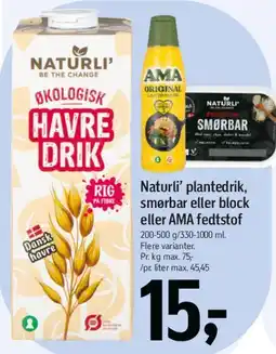 Føtex Naturli' plantedrik, smørbar eller block eller AMA fedtstof tilbud