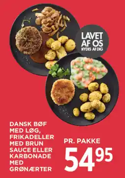 MENY Bøf med løg, Frikadeller med brun sauce eller Karbonade med grønærter tilbud